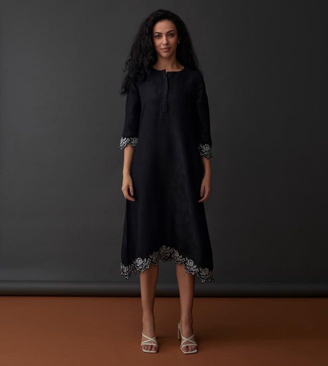 bombay bloom black hand scalloped jacquard dress