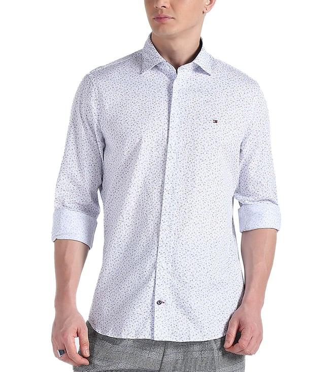 tommy hilfiger white & light blue printed smart fit shirt