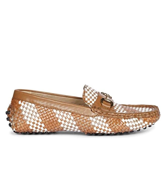 saint g lucy tan & white woven leather loafers