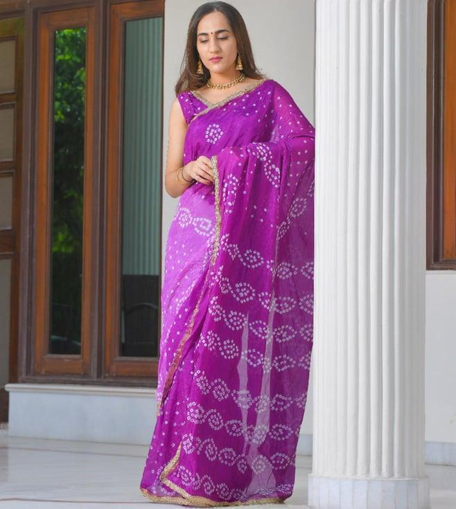 rangpur purple bandhani saree with stitched blouse