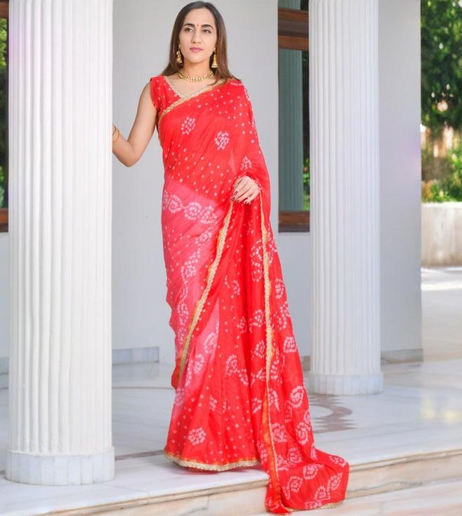 rangpur red bandhani saree with stitched blouse