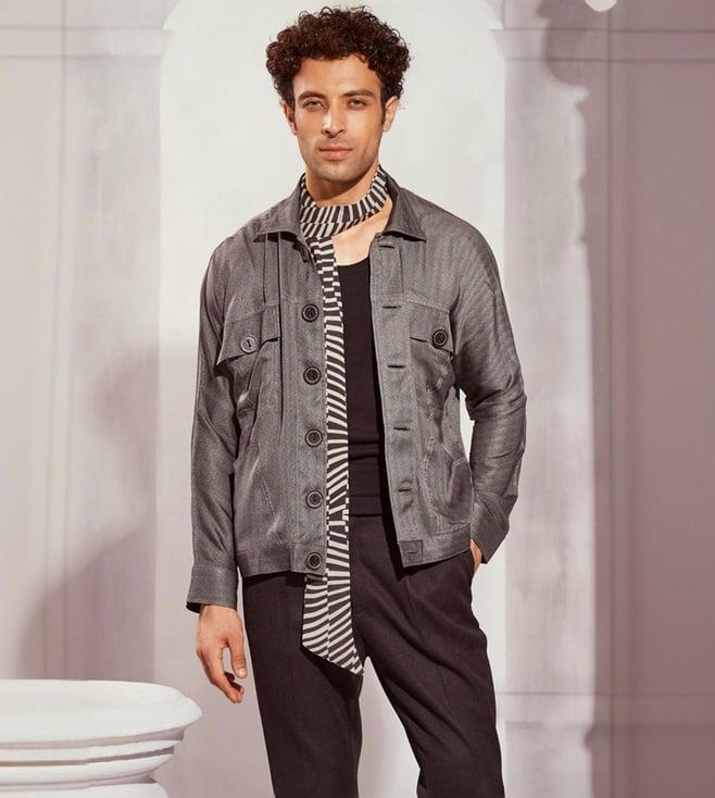 nikita mhaisalkar grey tweed print satin bomber jacket