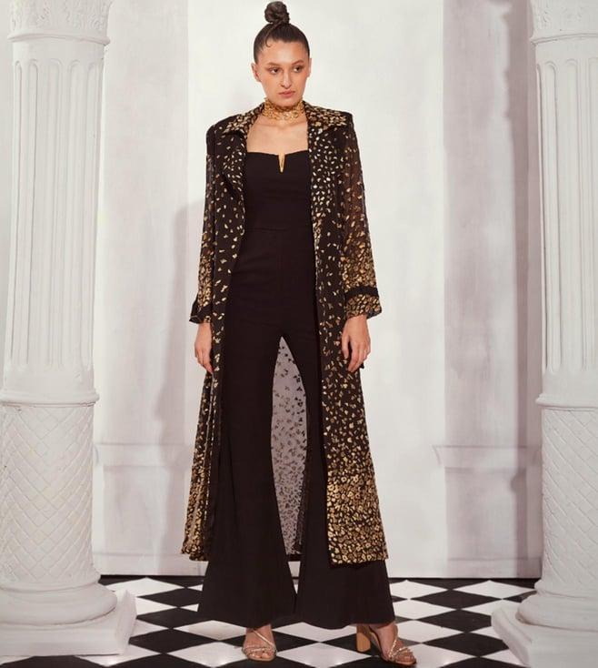 nikita mhaisalkar black lepoard aari embroidery long trench and jumsuit set