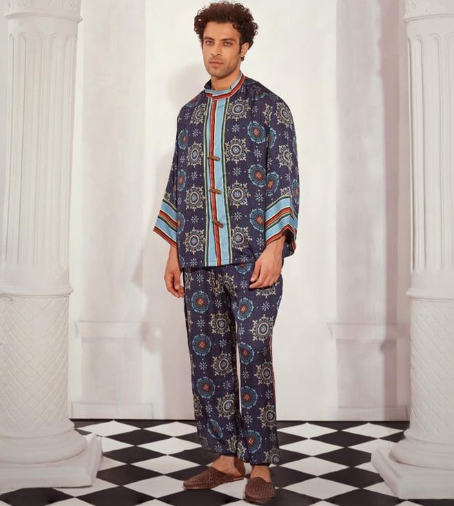 nikita mhaisalkar blue mosaic print kimono shirt with pant co-ord set