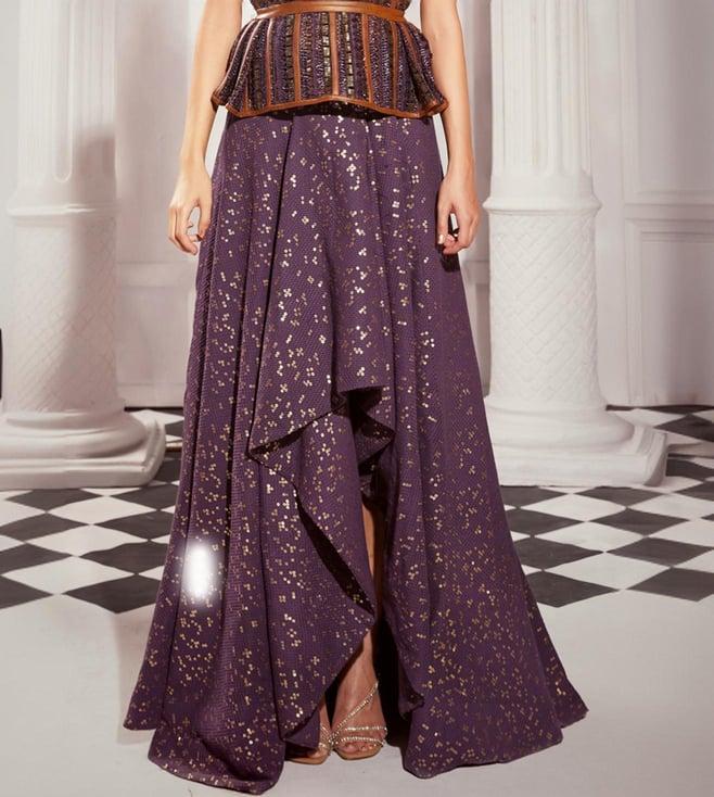 nikita mhaisalkar aubergine overtine greek art print sheeted asymetrical skirt