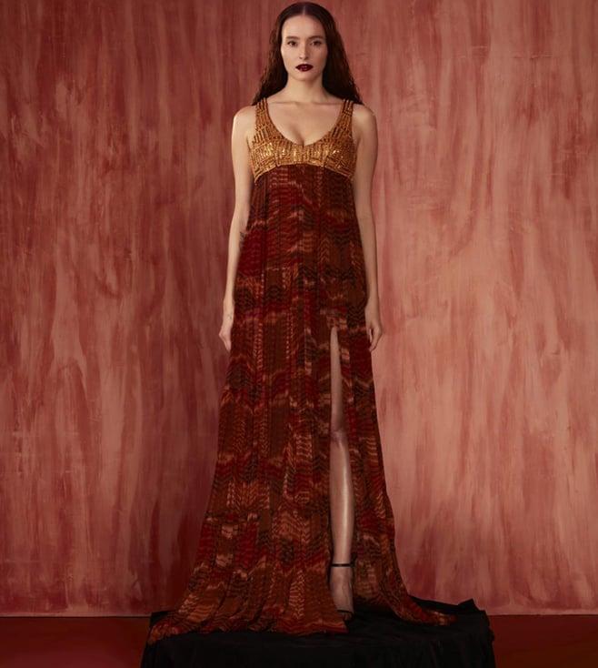 nikita mhaisalkar tangerine byzantine print maxi with mosaic brick embroidery