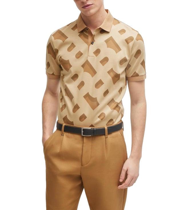 boss medium beige printed regular fit polo t-shirt