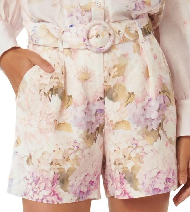 forever new x pooja hegde warrantina floral kiara regular fit belted shorts