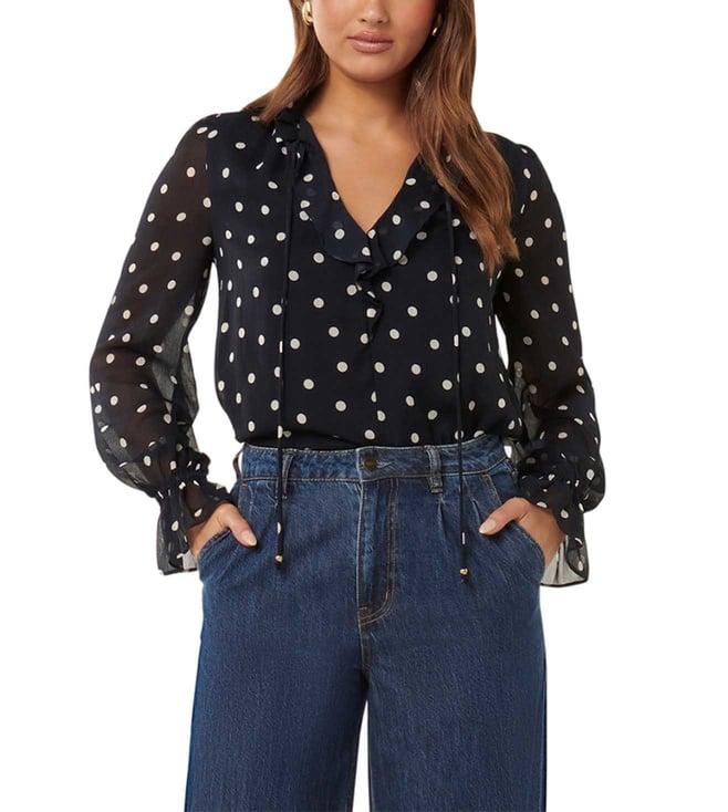 forever new x pooja hegde navy edmond spot renata polka dot regular fit top