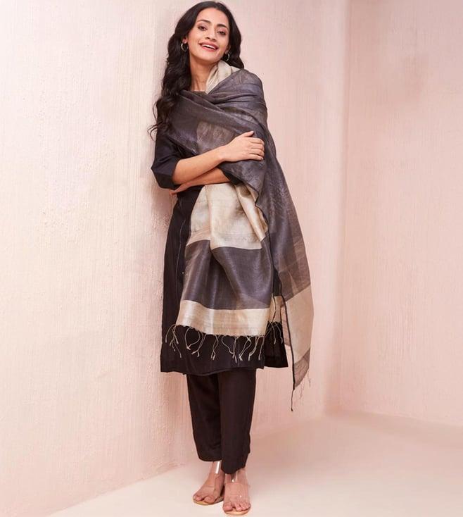 fabindia grey & beige silk hand woven dupatta