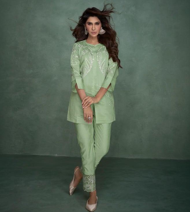 autumnlane green selena fern embroidery tunic with pant co-ord set