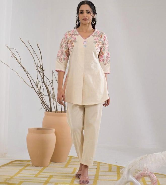 autumnlane off white teresa elegant embroidery tunic with pant co-ord set