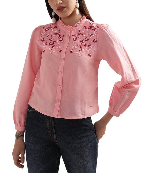 elle pink embroidered regular fit shirt