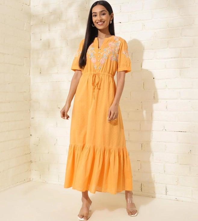 fabindia yellow cotton embroidery maxi dress