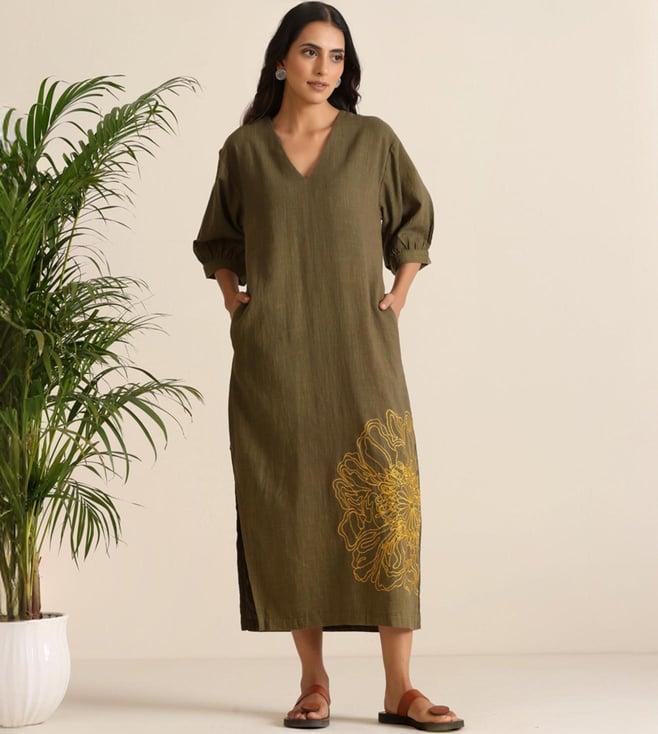 truebrowns dirty green malang-2 cotton embroidered dress