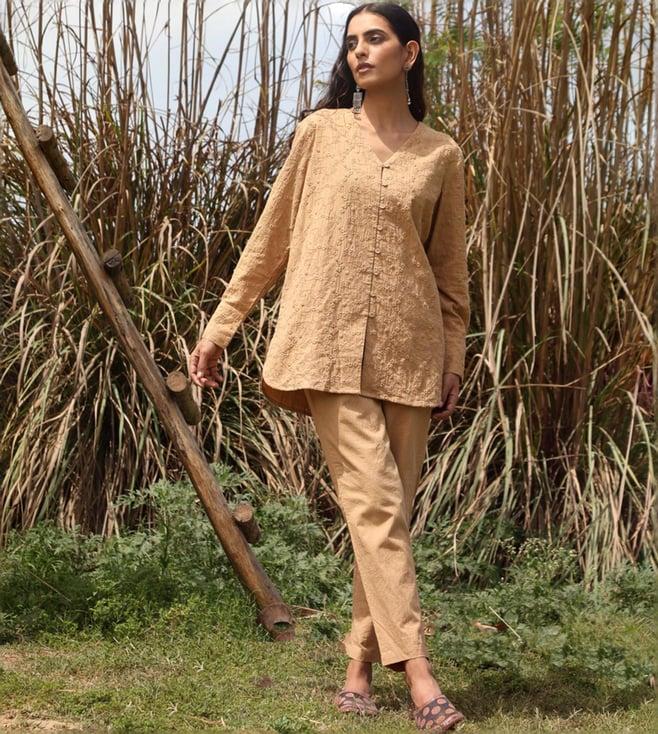 truebrowns dirty peach malang-2 cotton embroidered top with pant co-ord set