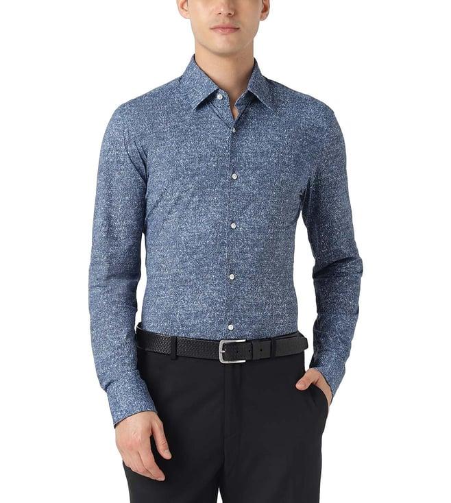 boss open blue printed slim fit shirt