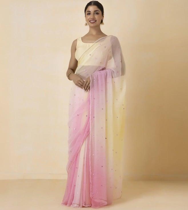 geroo jaipur pastel pink shaded hand embroidered chiffon saree