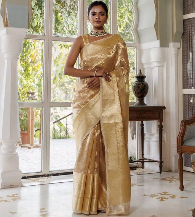 geroo jaipur golden handwoven zari banarasi tissue saree