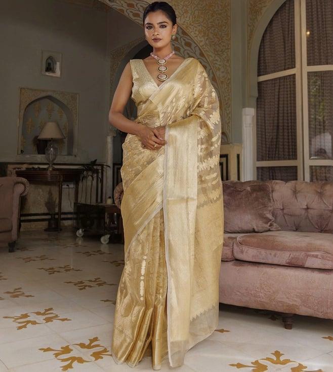 geroo jaipur golden banarasi handwoven tissue saree with zari work