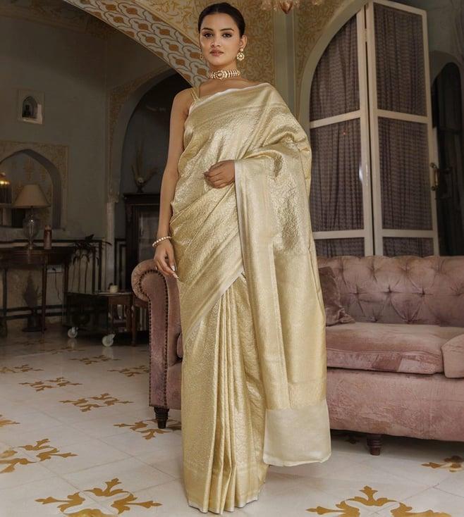 geroo jaipur golden banarasi handwoven tissue saree with zari work