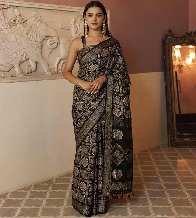 geroo jaipur black gharchola ajrakh handblock print zari silk saree