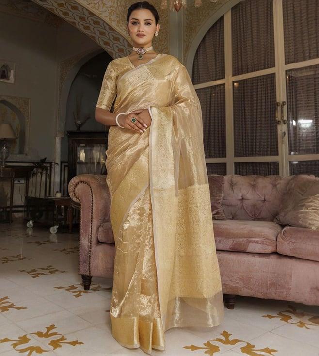 geroo jaipur light golden banarasi handwoven tissue saree with zari work