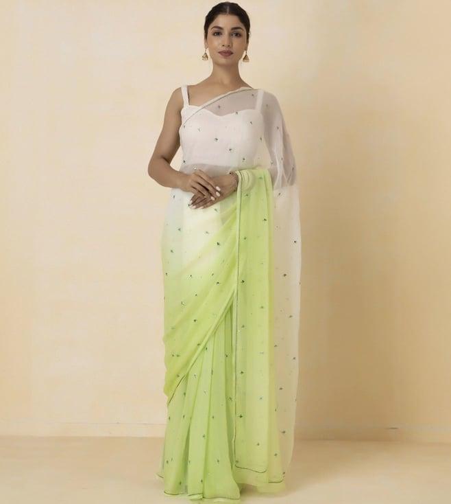 geroo jaipur pastel green shaded hand-embroidered chiffon saree