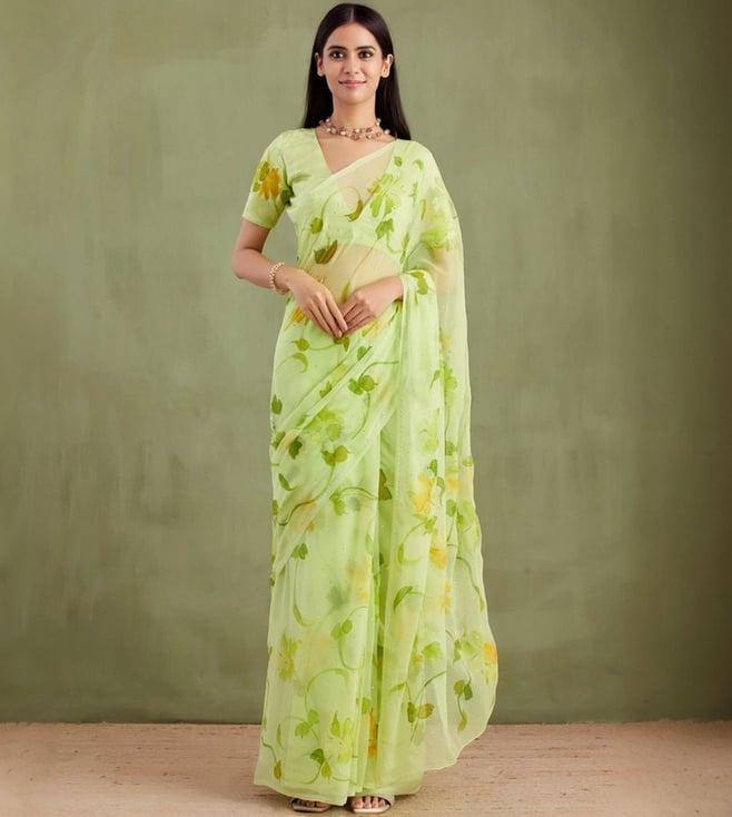 geroo jaipur green hand painted mukaish chiffon saree