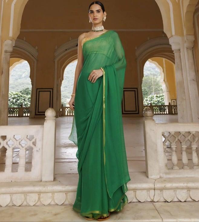 geroo jaipur green hand dyed plain chiffon saree with jacquard blouse