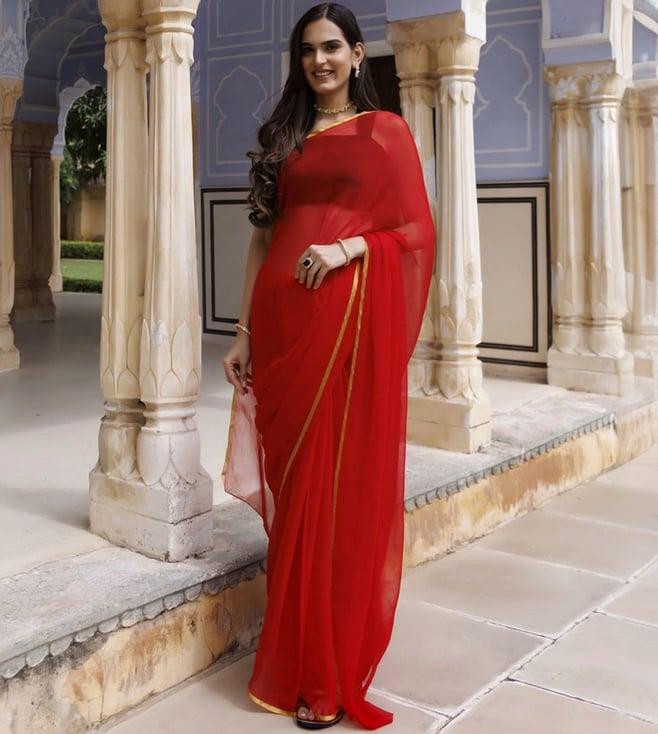 geroo jaipur red hand dyed plain chiffon saree with jacquard blouse