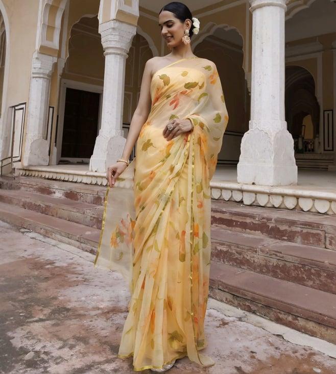 geroo jaipur yellow hand painted floral chiffon saree