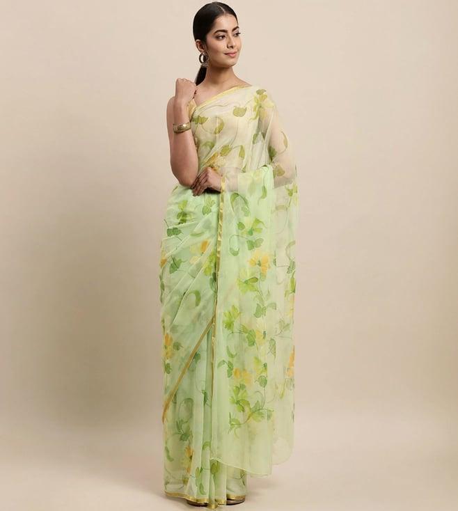 geroo jaipur green hand painted floral chiffon saree