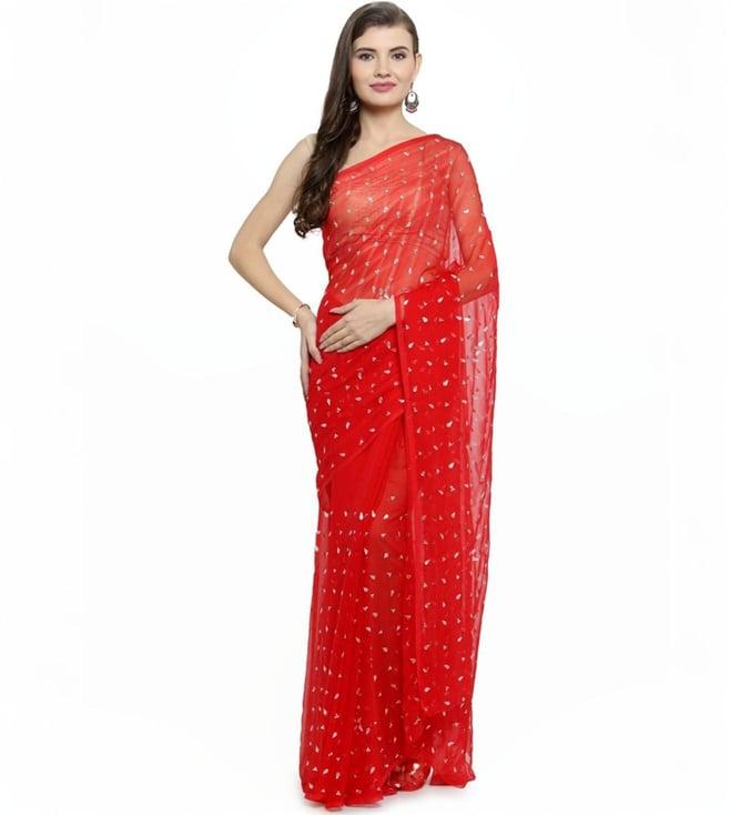 geroo jaipur red women's pure chiifon saree with aari and sequins work all over the saree