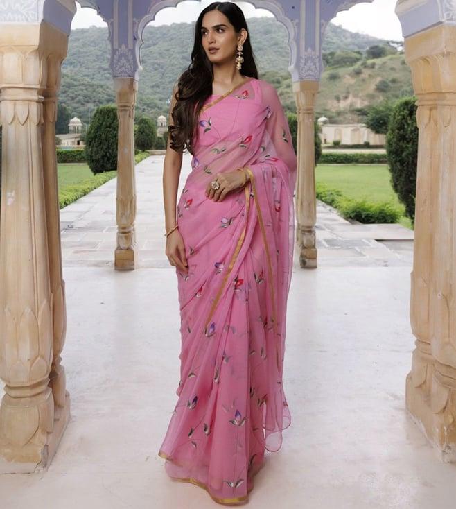 geroo jaipur pink hand painted floral chiffon saree