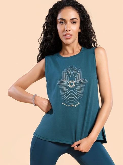 enamor green cotton graphic print tank top