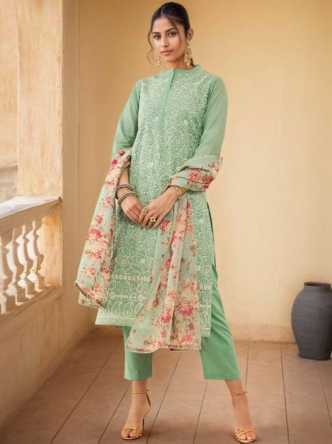 soch womens sea green chanderi chikankari embroidered suit set with sequins