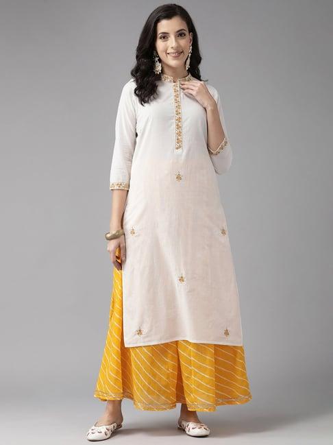 prakrti white & yellow cotton embroidered kurta & palazzo set