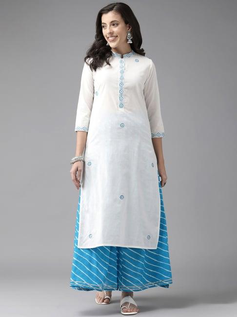 prakrti white & blue cotton embroidered kurta & palazzo set