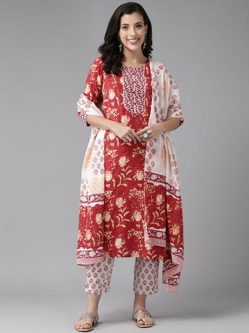 prakrti red cotton handblock print kurta with pant & dupatta