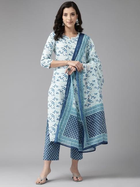 prakrti white & blue cotton floral print kurta with pant & dupatta