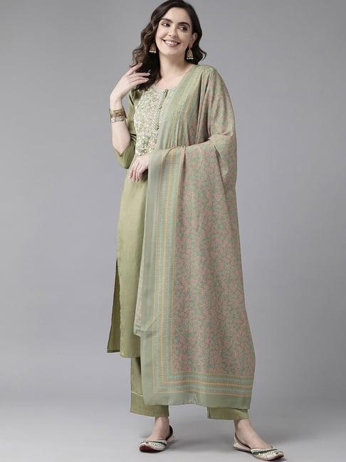 prakrti green embroidered kurta with pant & dupatta