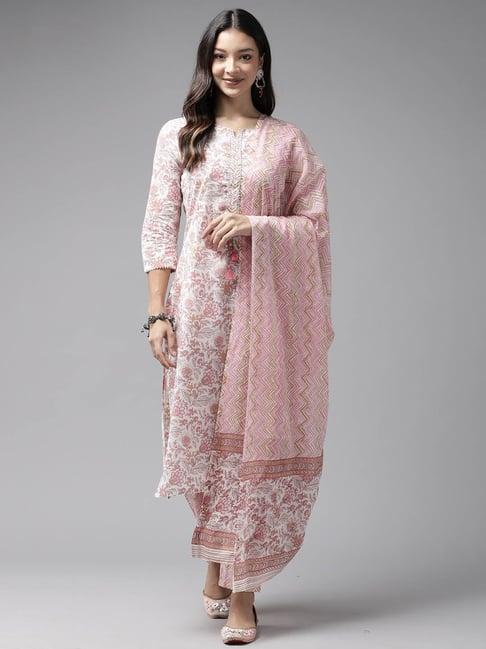 prakrti white cotton floral print kurta with pant & dupatta