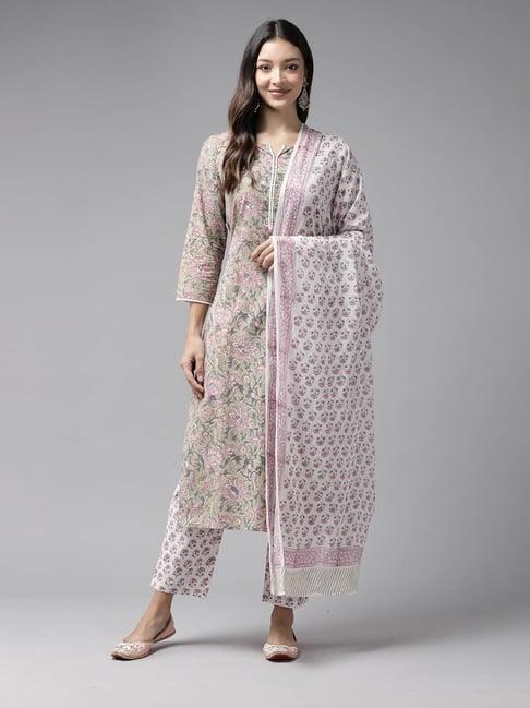 prakrti green cotton floral print kurta with pant & dupatta