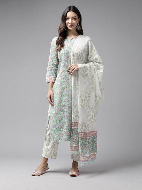 prakrti green cotton floral print kurta with pant & dupatta