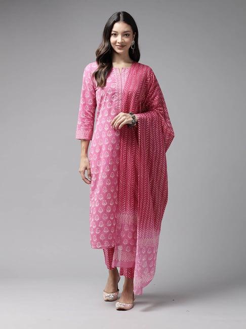 prakrti pink cotton handblock print kurta with pant & dupatta