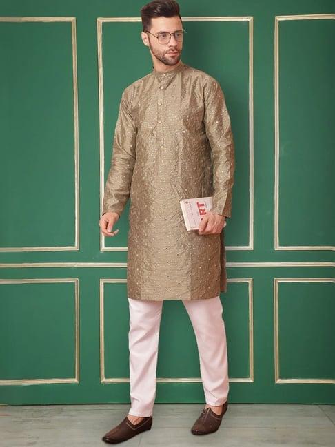 jompers beige & white regular fit embroidered kurta bottom set