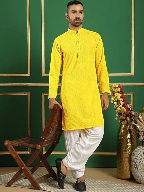 jompers yellow & white regular fit embroidered kurta bottom set