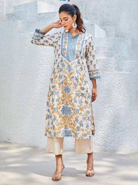 biba beige cotton floral print straight kurta