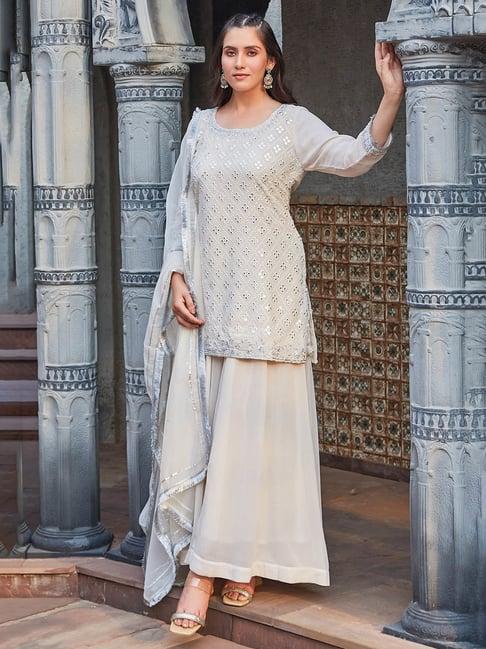 biba off white embellished kurta with sharara & dupatta